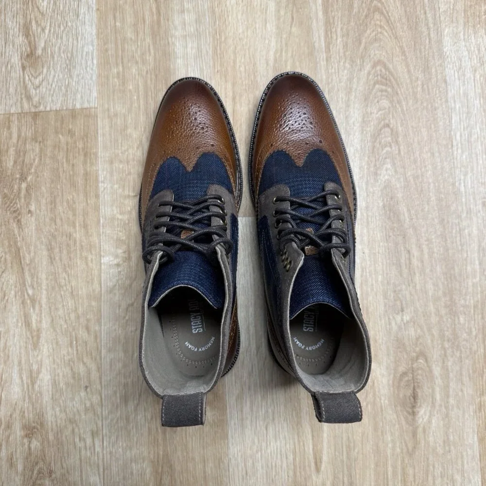 STACY ADAMS FINNEGAN WINGTIP BOOT COGNAC WITH NAVY MENS 8.5 LACE UP 25427-470